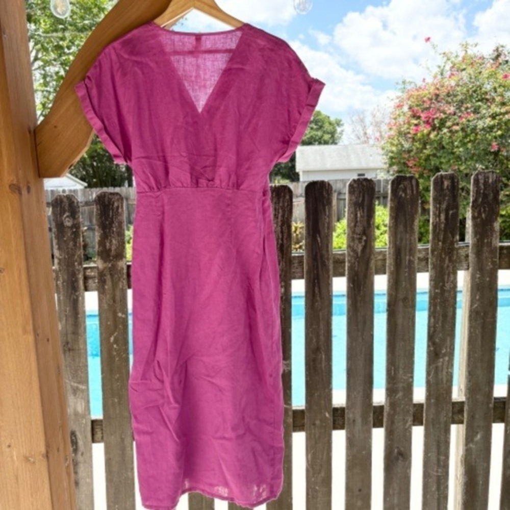 Mango Magenta Purple 100% Linen Wrap Midi Dress Size S V-Neck Side Tie - Picture 9 of 11